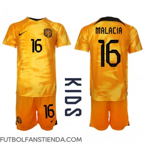 Países Bajos Tyrell Malacia #16 Primera Equipación Niños Mundial 2022 Manga Corta (+ Pantalones cortos)